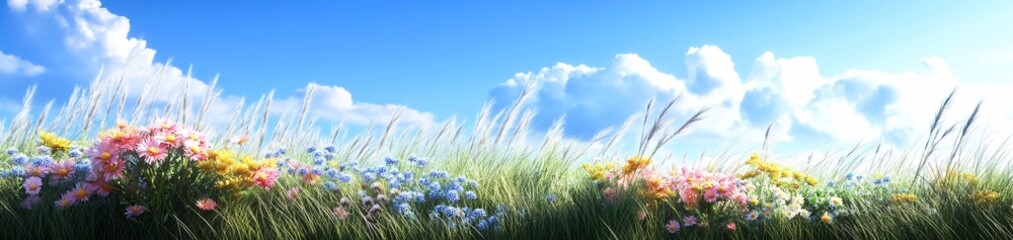 Canvas Print - A vibrant landscape of colorful flowers under a bright blue sky with fluffy clouds.