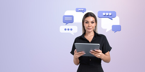 Poster - Woman holding tablet with speech bubbles in background.