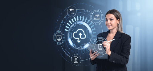 Poster - Businesswoman using cloud computing with futuristic interface on