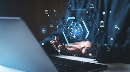 Fototapete - Conceptual depiction of cloud computing and data sharing on a digital network interface.