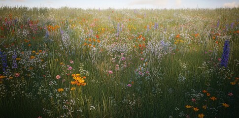 Canvas Print - A vibrant field filled with various wildflowers and lush green grass under a bright sky.