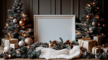 Wall Mural - blank frame amid festive decorations. suitable for holiday themed designs, christmas promotions, and