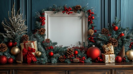 Wall Mural - blank frame amid festive decorations. suitable for holiday themed designs, christmas promotions, and