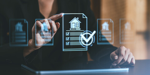 Aufkleber - businessperson interacting with futuristic real estate digital interface display.