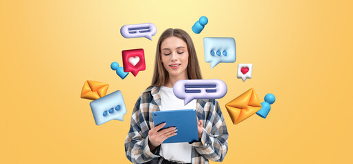 Poster - Woman using tablet surrounded by vibrant 3D social media icons o