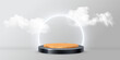 © backup16 - 3d black and wooden product podium with white circle neon shiny frame and clouds vector illustration. Abstract round stand pedestal for luxury product presentation isolated on gray background.