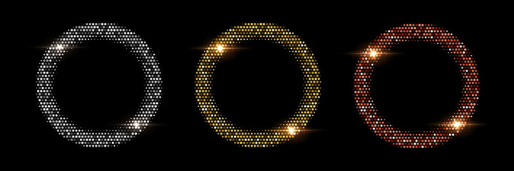 Poster - Abstract dotted round patterns. Golden, silver and bronze frames with halftone effect. Shining circle backgrounds with light glow elements. Modern graphic vector illustration set isolated on black.