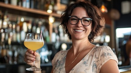 Aufkleber - Smiling barmaid holding a fresh cocktail in a modern pub