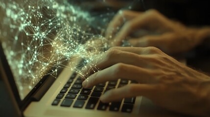 Poster - Hands typing on laptop, glowing network data.