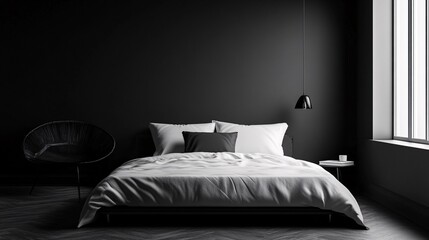 Poster - Modern minimalist black and white bedroom interior design with designer chair
