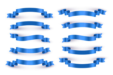 Poster - Blue ribbons set isolated on transparent background. Realistic 3D design element for banners, flags, labels, tags, stickers, sales, awards, emblems.