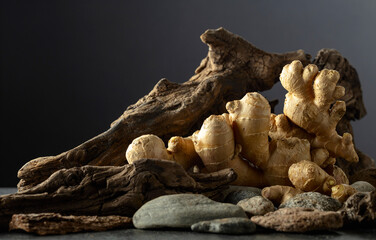 Poster - Ginger root with old snags and stones on a black background.