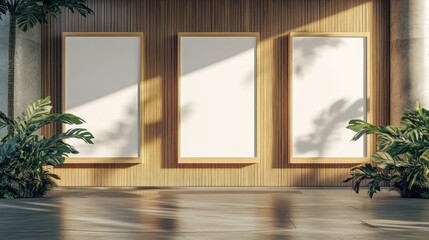 Poster - Minimalist gallery wall with empty frames and plants 