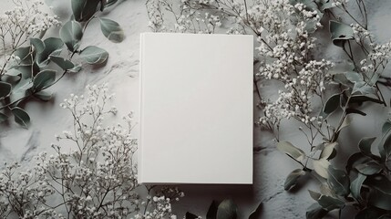 Poster - White blank book cover mockup surrounded by eucalyptus and gypsophila flowers
