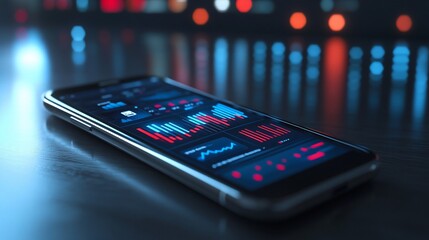 Poster - Smartphone displaying financial data charts and graphs on dark reflective surface.