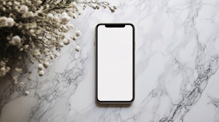 Poster - Smartphone with blank screen displaying on marble table with decorative plants