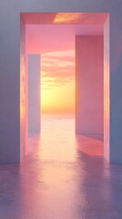 Poster - Abstract pastel architecture framing golden sunset over calm water