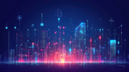 Poster - Digital cityscape with vibrant data visualization elements 