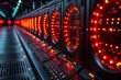 © Hairilnizam - Close-Up View of High-Tech Data Center Server Racks Illuminated with Red LED Lights Showing Complex Technology and Modern Computing Equipment