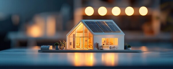 A miniature house model featuring solar panels, illuminated warmly, set against a blurred background with soft bokeh lights, symbolizing modern sustainable living.