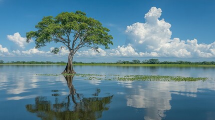 Sticker - Solitary Tree in a Tranquil River Landscape