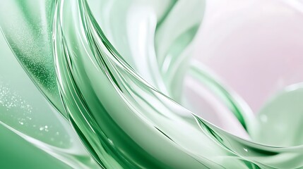 Poster - Abstract green and white background with curved lines and a light effect creating a glass texture. A light purple gradient flows with shapes, leaving white space in the center of the composition