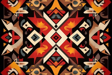 Poster - A vibrant tribal art-inspired pattern in earthy tones of orange, brown, and yellow. 