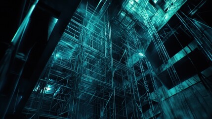 Poster - Teal Lit Industrial Scaffolding Structure Interior