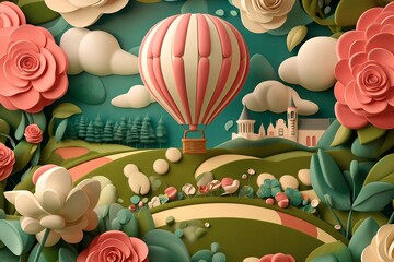 Poster - A whimsical hot air balloon floating above a patchwork of fields at golden hour