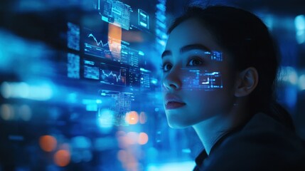Poster - Woman contemplating digital data and technology visuals 