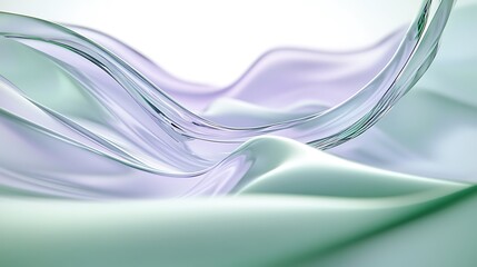 Poster - Abstract green and white background with curved lines and a light effect creating a glass texture. A light purple gradient flows with shapes, leaving white space in the center of the composition