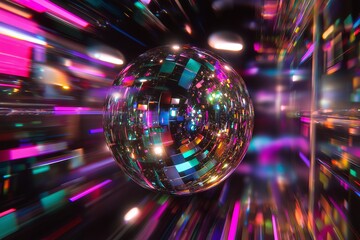 Poster - A zoomed-in shot of a disco ball reflecting multicolored lights across a dark space