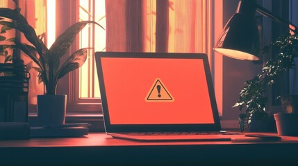 Poster - Laptop displaying a warning sign in a dimly lit room 