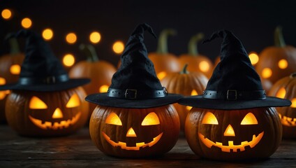 Wall Mural - Spooky Halloween pumpkins with witch hats and glowing lights.