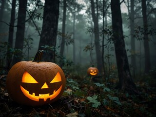 Wall Mural - Spooky jack-o-lantern glowing in a misty forest for Halloween.