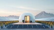 © Kookkii - A modern dome house surrounded by solar panels and vineyards, set against a picturesque mountainous backdrop at sunset.