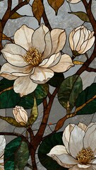 Sticker - Stained glass magnolia pattern with gold accents.