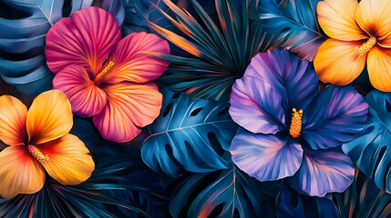 Wall Mural - vibrant hibiscus flowers and tropical leaves in dark moody tones.