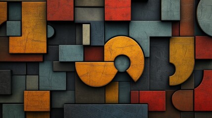 Aufkleber - Abstract Colorful Geometric Shapes Arrangement in Warm and Cool Tones with Textured Surfaces Suitable for Backgrounds and Design Projects
