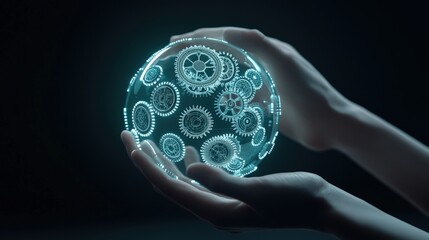 Poster - Futuristic Hands Holding a Holographic Transparent Globe of Interconnected Gears, Symbolizing Innovation, Technology, and the Digital Revolution for Creative Projects