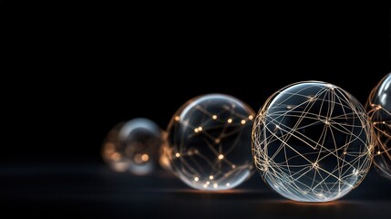 Fototapete - Abstract glass spheres with luminous interconnected lines against a dark background, representing technology, innovation, and digital connectivity in a modern design