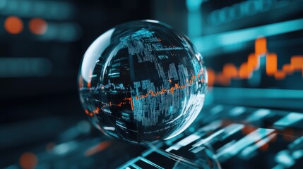 Aufkleber - Futuristic Transparent Globe Surrounded by Digital Data Visualizations and Stock Market Charts Depicting Global Economic Trends and Technology Integration