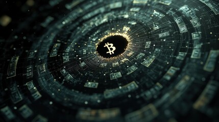 Poster - Digital Visualization of Bitcoin Cryptocurrency Surrounded by Spiraling Currency, Representing the Convergence of Finance and Technology in the Modern Economy