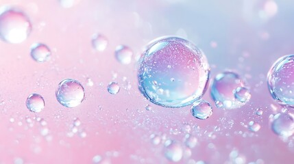 Poster - Serum or water drops connecting with the texture of organic oil bubbles on a bright background, emphasizing the concept of skin moisturizing in macro photography
