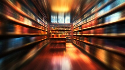 Poster - Blurred library interior with bookshelves and warm lighting 