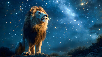 Wall Mural - Lion standing under stars in the background. Style of colorful fantasy realism cosmic landscape