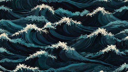 Wall Mural - Stormy sea waves pattern, vector design.