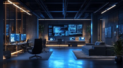 Poster - Modern tech-infused control room with blue lighting, multiple monitors displaying data, and comfortable seating area.