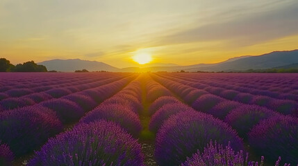 Wall Mural - Vibrant sunrise over vast lavender field.