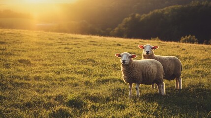 Poster - Two Sheep Grazing in Golden Sunset Light